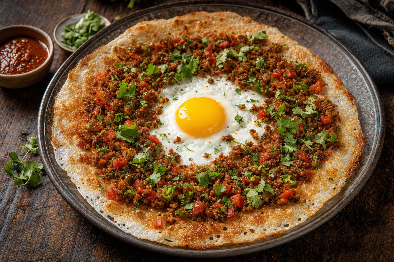 Chatamari — Crisp rice-flour pancake with spiced minced meat, egg and fresh coriander