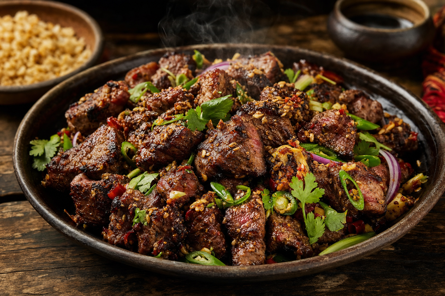 Choila — Char-grilled meat tossed with chilli, garlic and timur, finished with smoking mustard oil