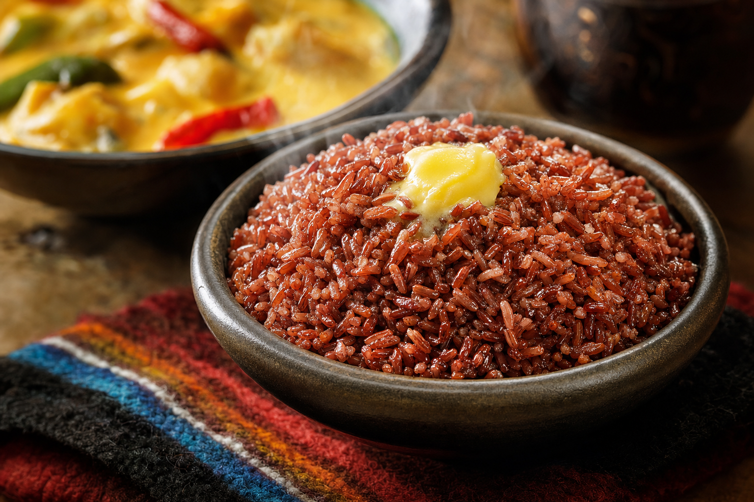 Chum Marp — Bhutanese red rice, cooked fluffy and finished with butter