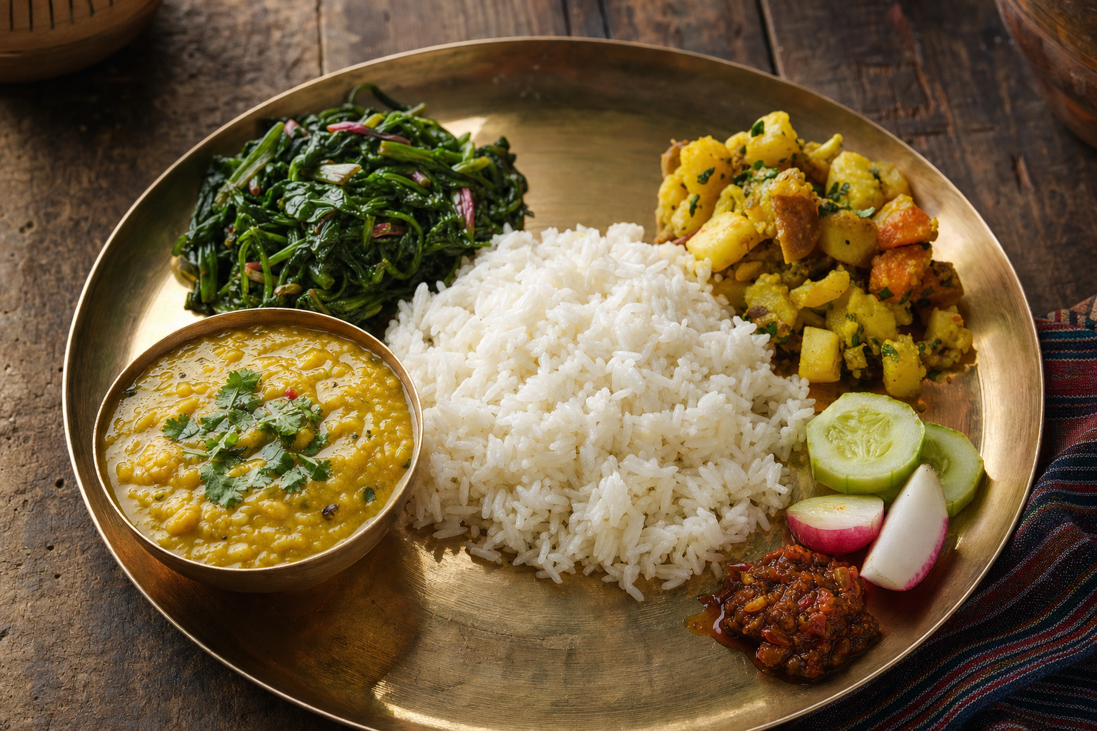 Dal Bhat — Creamy lentil dal with rice, greens and a vegetable curry