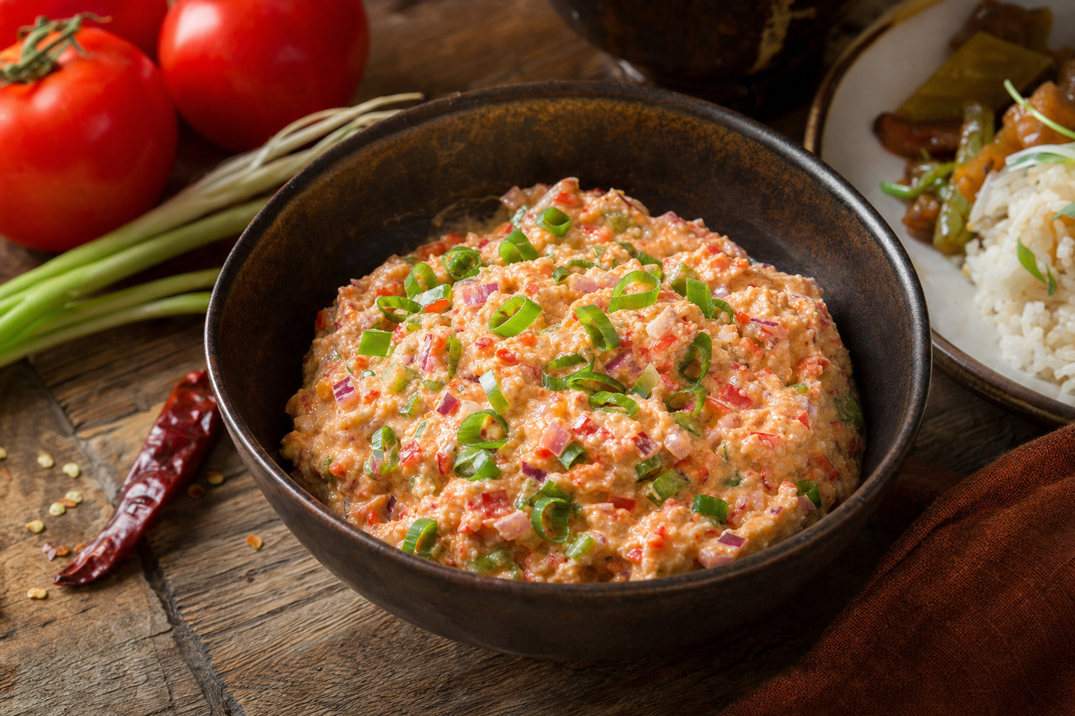 Eze — Bhutanese chilli salsa with cream cheese, tomato and spring onion
