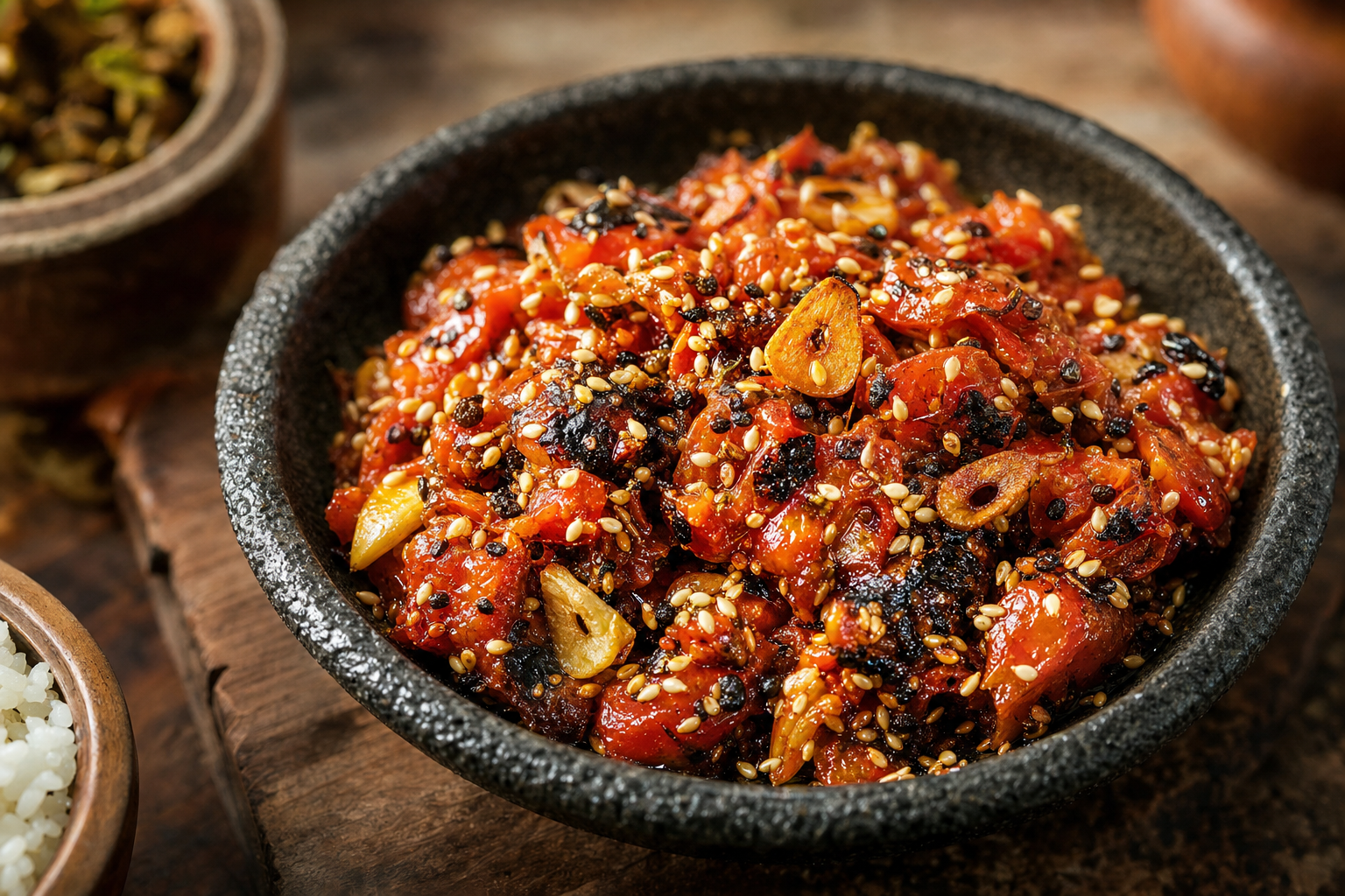 Golbheda Ko Achar — Fire-roasted tomatoes with sesame, timur and crisp fried garlic