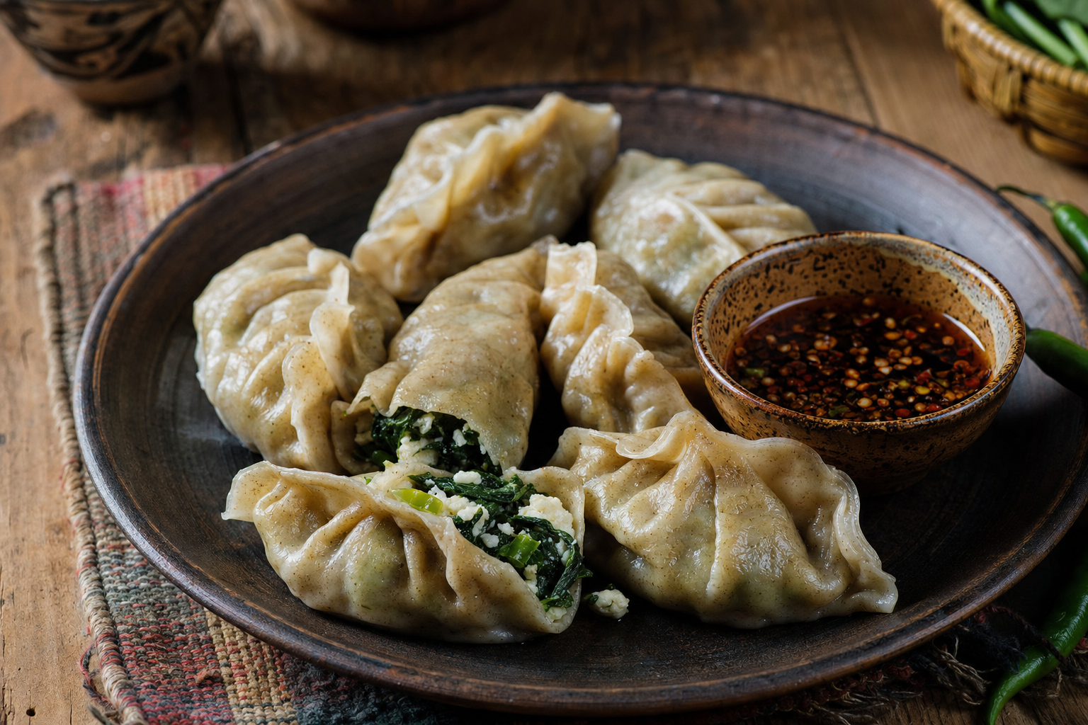 Hoentay — Steamed buckwheat dumplings with spinach, cheese and green chili