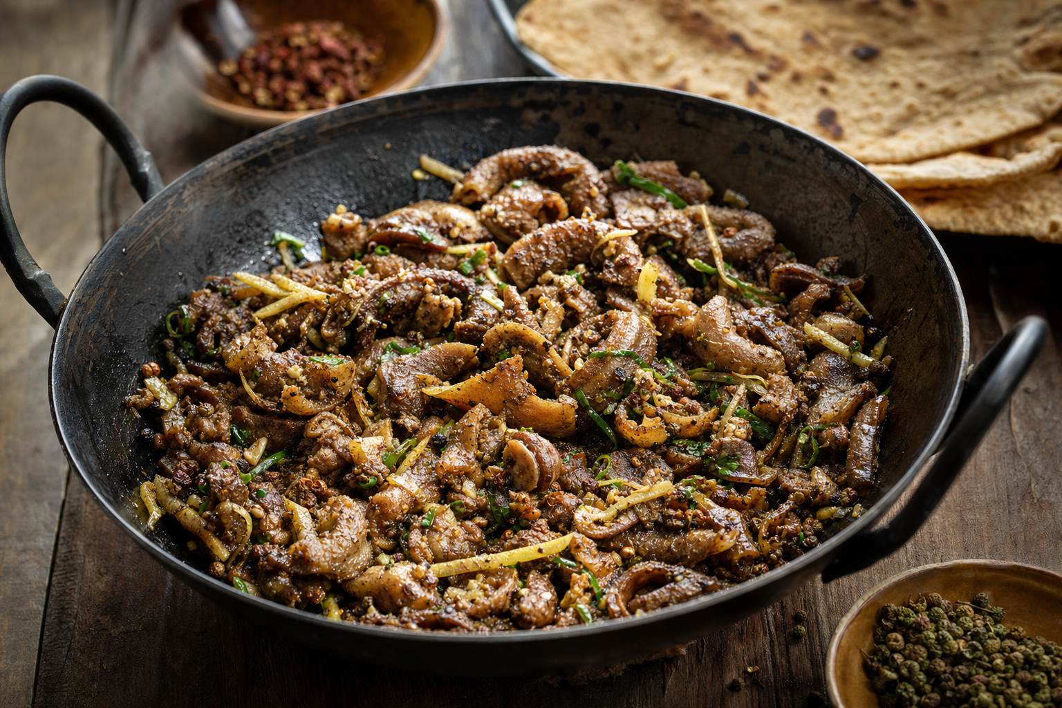 Khasiko Bhutuwa — Dry-fried goat offal with timur, garlic and ginger