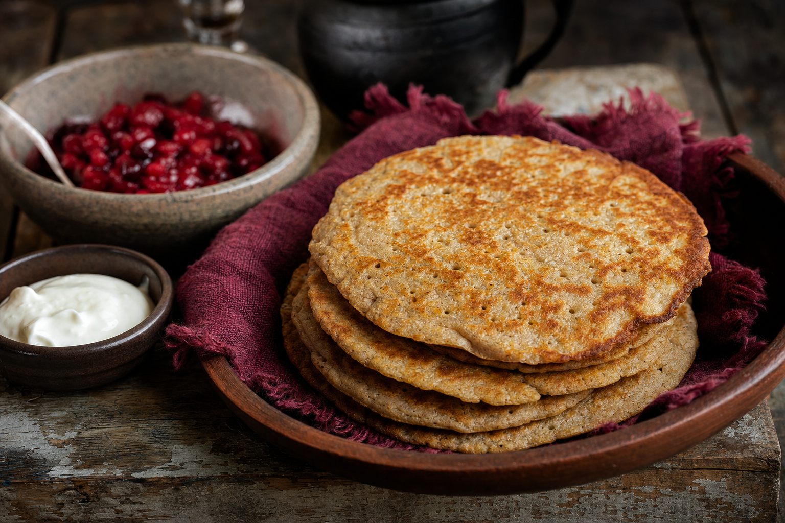 Khuley — Buckwheat pancakes from the pan — golden at the edges, soft in the middle
