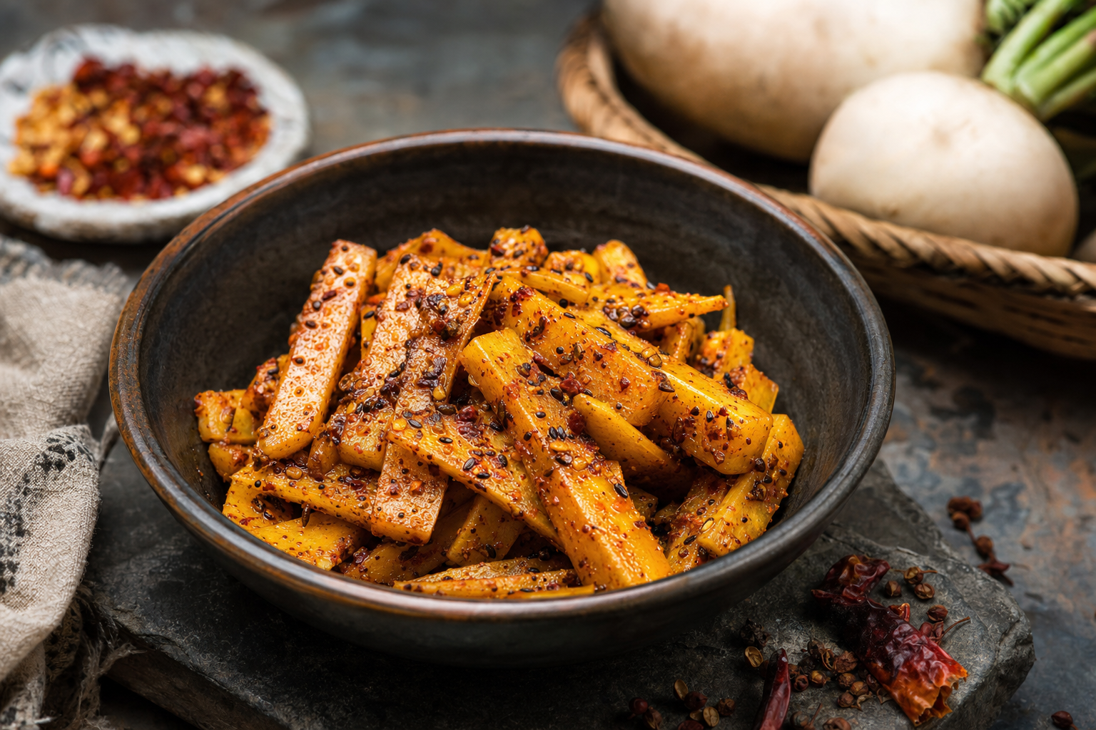 Mula Ko Achar — Nepali radish achar with mustard oil, Sichuan peppercorns (timur) and fenugreek