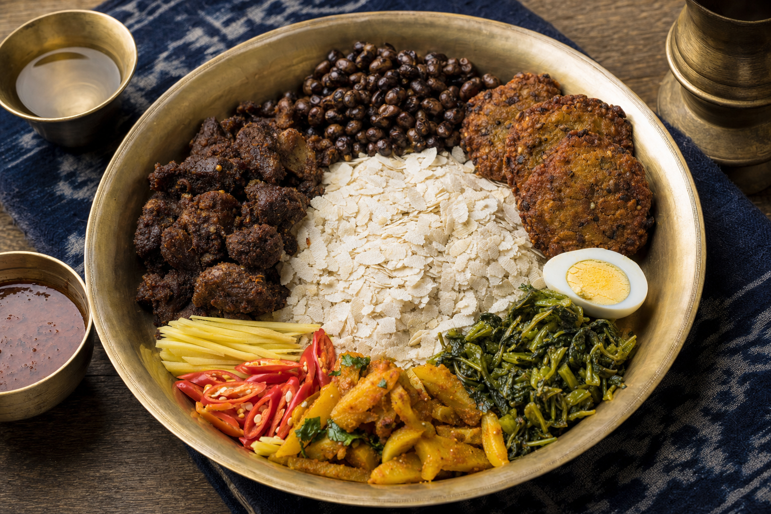 Samay Baji — Newar festive platter from the Kathmandu Valley: chiura, choila, bara and bhatmas