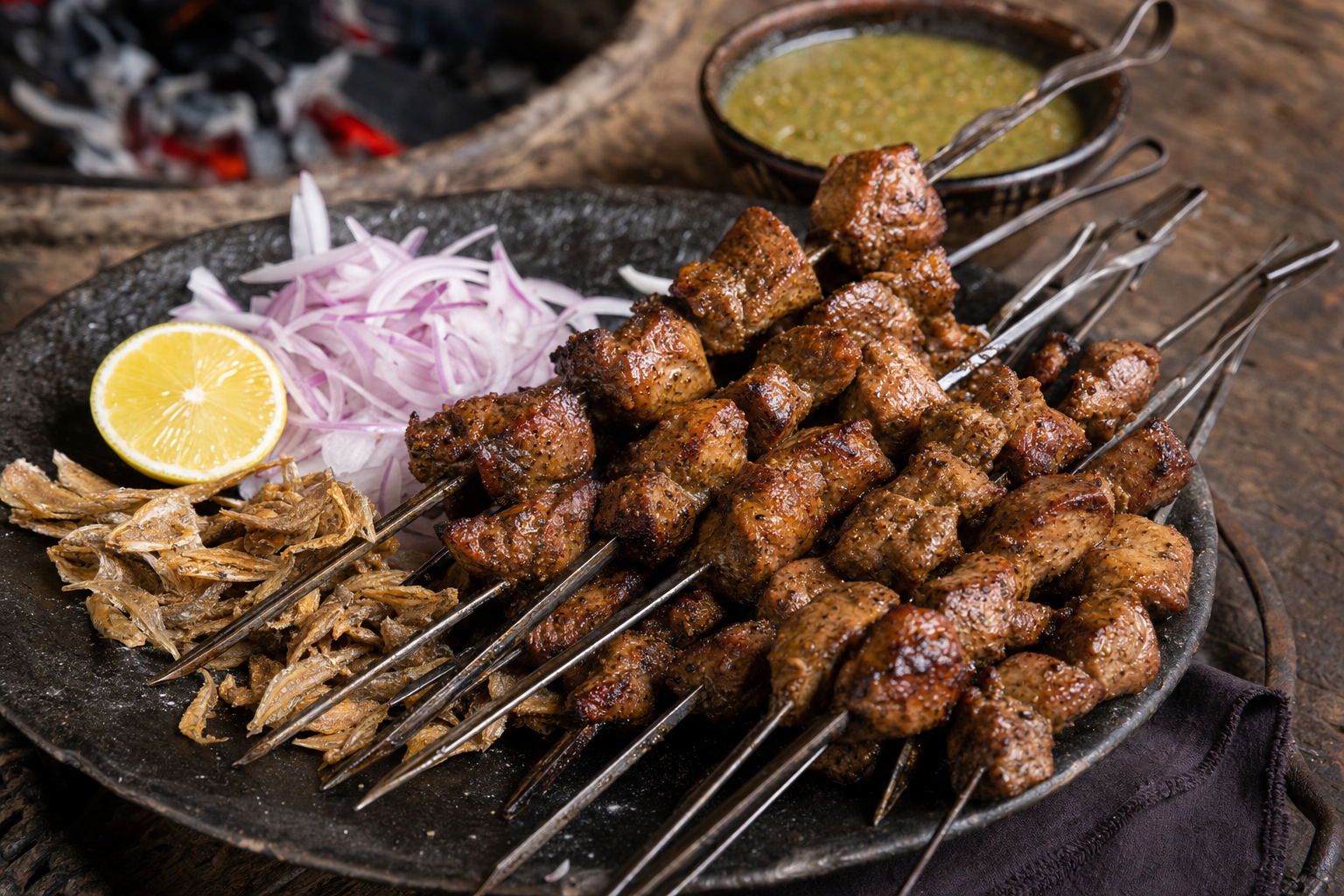 Sekuwa — Skewered goat marinated with timur, ginger and garlic, grilled over wood embers