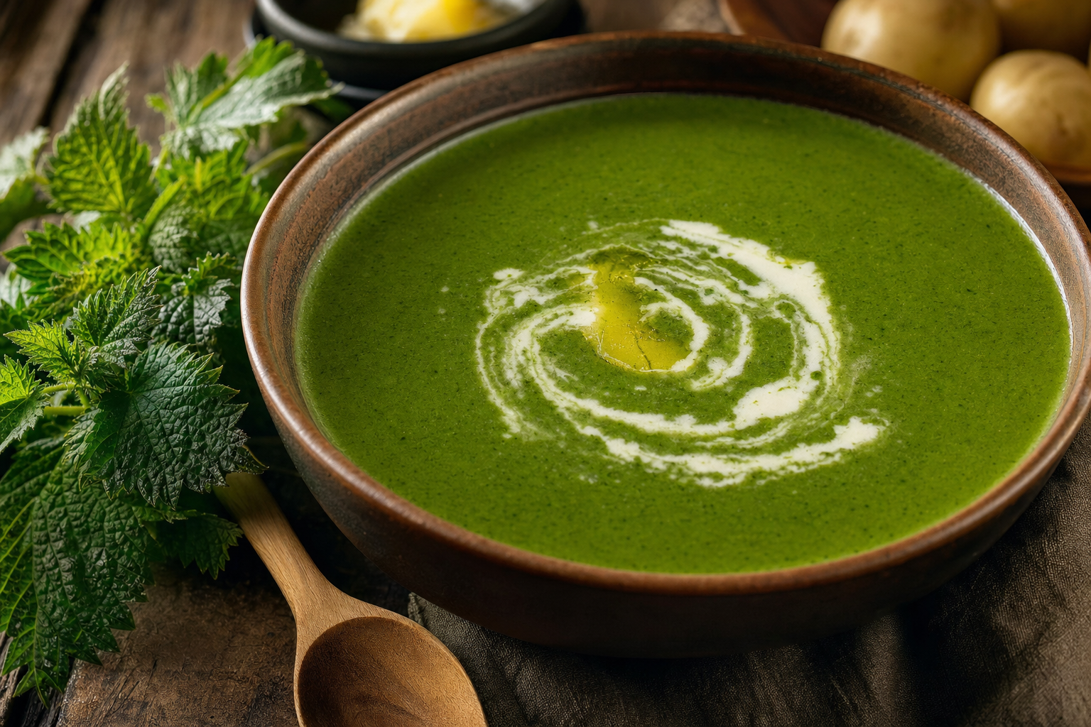 Sisnu Ko Saag — Creamy nettle soup with potatoes, ghee and a whisper of nutmeg