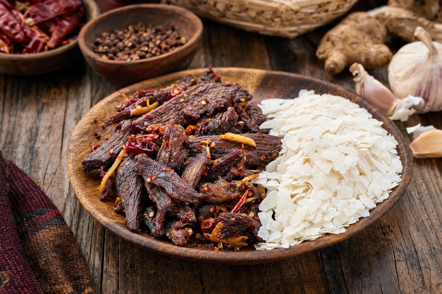 Sukuti — Nepali dried meat, fried up hot and spicy — served with chiura