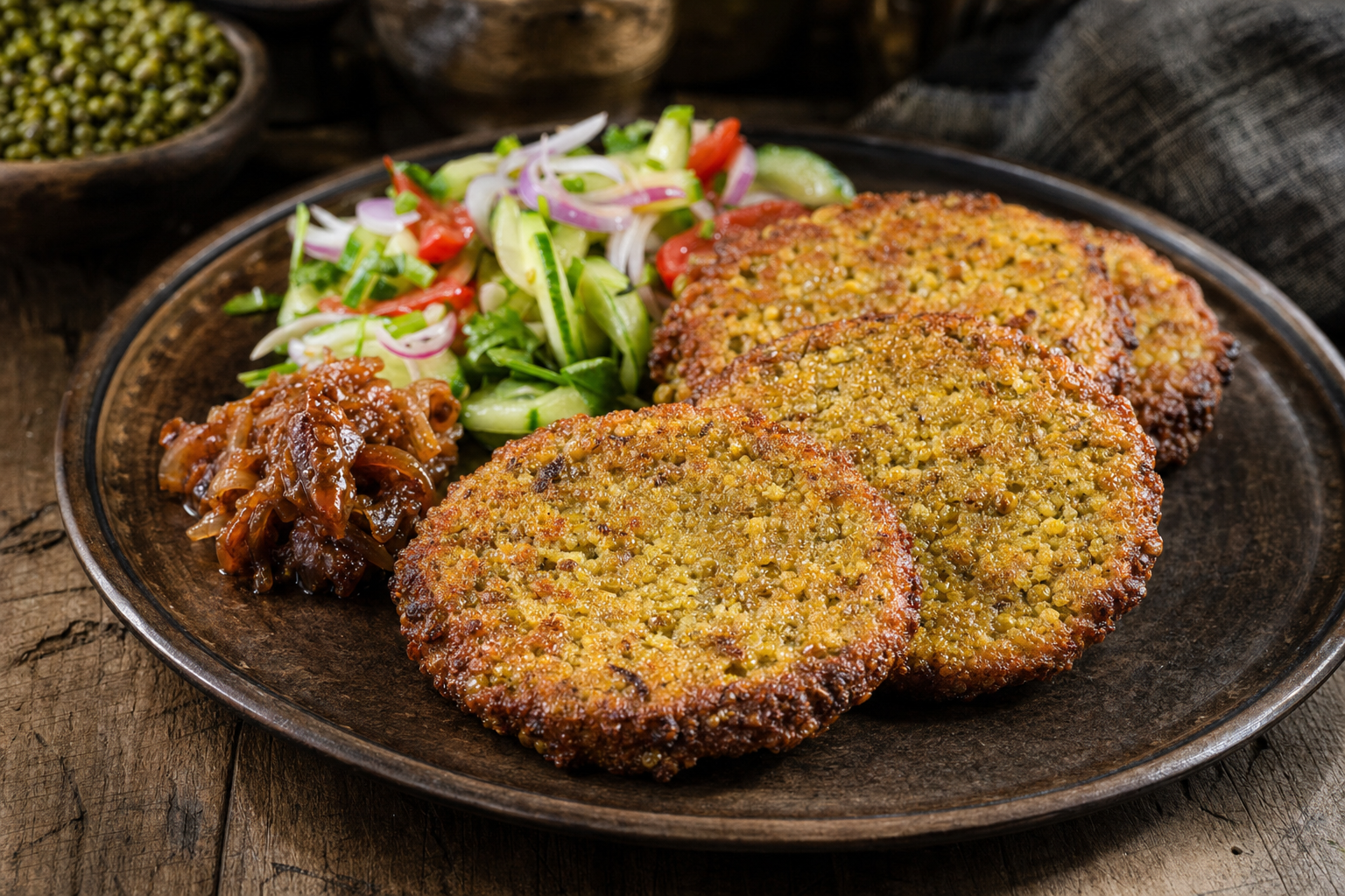Wo — Crisp mung bean cakes from the Newar kitchen, fried golden in a shallow pan